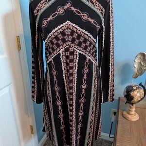Free People Black Long-Sleeve Dress with Pink & Cream Geometric Print